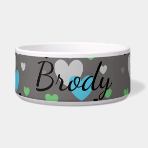 HAMbyWG - Dog food Bowl - Graue grüne blaue Herzen Napf