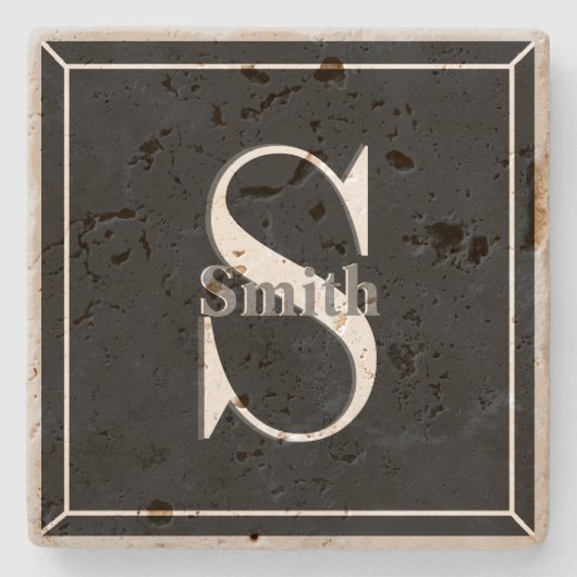 HAMbyWG Schwarze Travertin Monogramm Steinuntersetzer (Vorderseite)