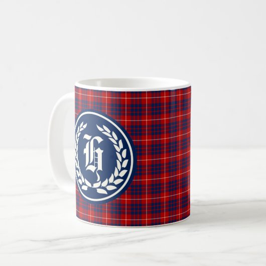 Hamilton Clan Red und Royal Blue Tartan Monogram Kaffeetasse (Vorderseite Links)
