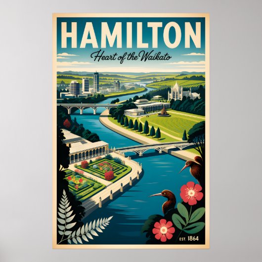 Hamilton Neuseeland Retro-Reiseposter-Kunst Poster (Vorne)