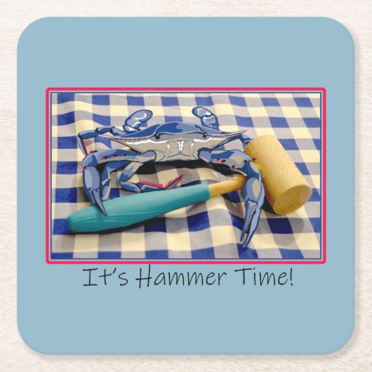 Hammer Time Blue Crab mit Hammer auf Gingham Rechteckiger Pappuntersetzer (Vorderseite)