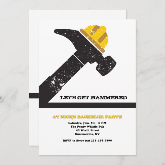 Hammer und Hardhat Bachelor Party Einladung (Vorne/Hinten)