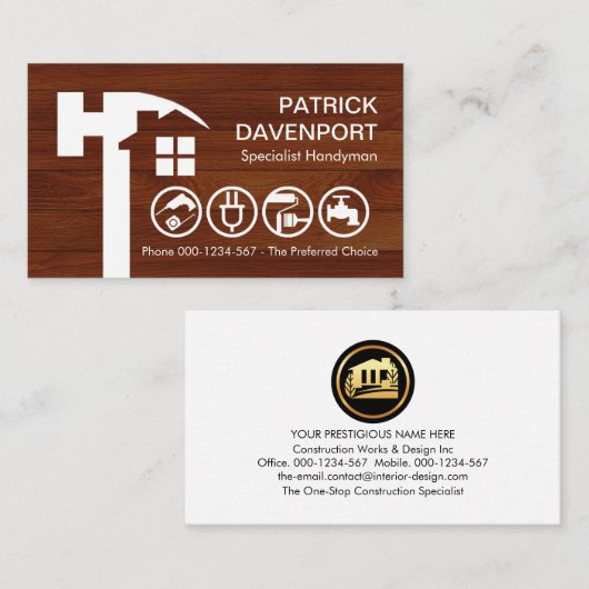 Hammer-Zuhause-Silhouette auf Holz Visitenkarte (Vorne/Hinten)