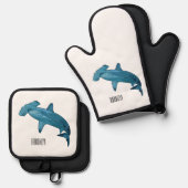 Hammerhead-Hai-Cartoon Ofenhandschuh & Topflappen-Set (Vorderseite/Rückseite)