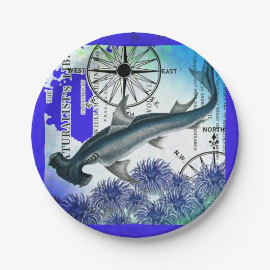 Hammerhead Shark Nautical Collage Underwater Blue Pappteller (Vorderseite)