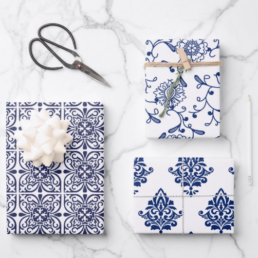 Hamptons Gemusterter Blau- und Weißschick Geschenkpapier Set (Vorderseite)
