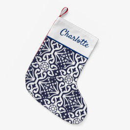 Hamptons Navy Blue und White Talavera Tile Kleiner Weihnachtsstrumpf