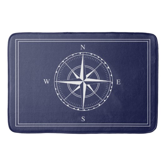 Hamptons Navy und White Nautical Ship Compass Rose Badematte (Vorderseite)