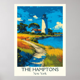 Hamptons New York Vintag Lighthouse Beach Art Poster