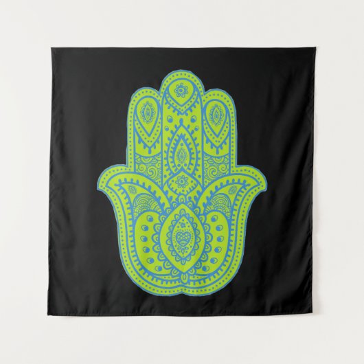 Hamsa Design Grün & Schwarz Hintergrund Wandteppich (Vorderseite)