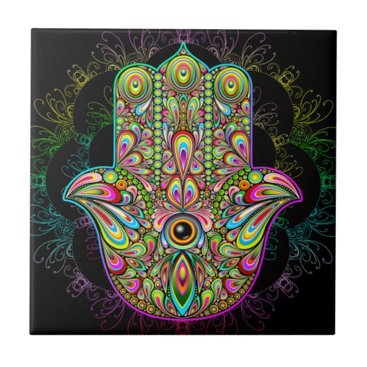 Hamsa Fatma Hand Psychedelic Art Fliese (Vorderseite)