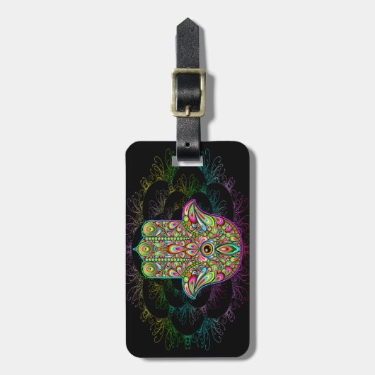 Hamsa Fatma Hand Psychedelic Art Gepäckanhänger (Vorderseite vertikal)
