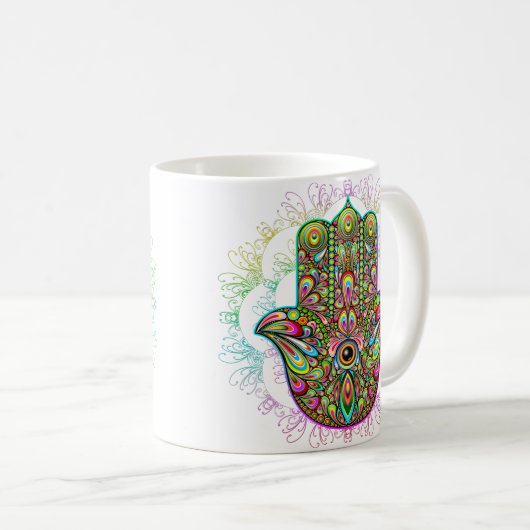 Hamsa Fatma Hand Psychedelic Art Kaffeetasse (VorderseiteRechts)