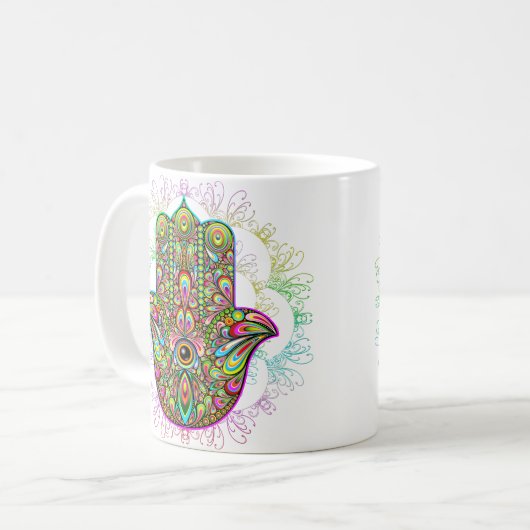 Hamsa Fatma Hand Psychedelic Art Kaffeetasse (Vorderseite Links)