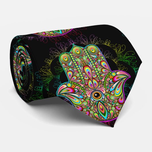 Hamsa Fatma Hand Psychedelic Art Krawatte (Gerollt)