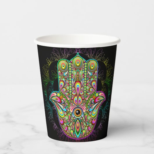 Hamsa Fatma Hand Psychedelic Art Pappbecher (Rückseite)