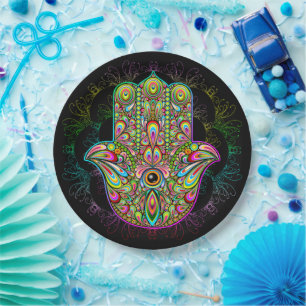 Hamsa Fatma Hand Psychedelic Art Pappteller