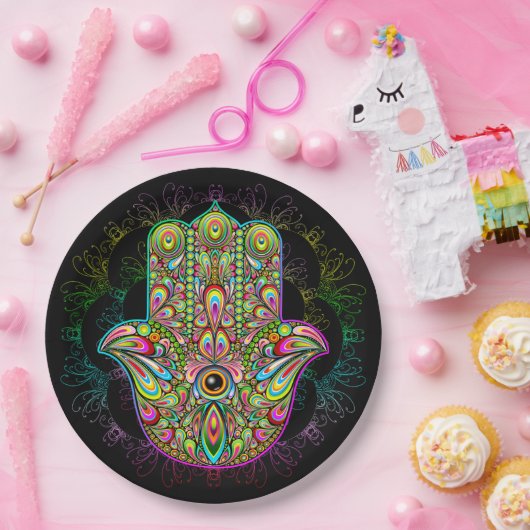 Hamsa Fatma Hand Psychedelic Art Pappteller (Party)