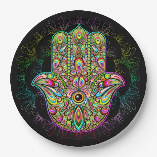 Hamsa Fatma Hand Psychedelic Art Pappteller (Vorderseite)