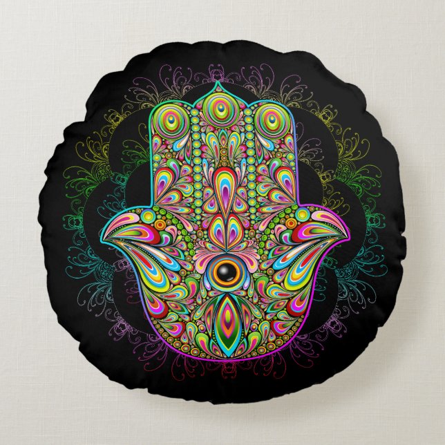 Hamsa Fatma Hand Psychedelic Art Rundes Kissen (Vorderseite)