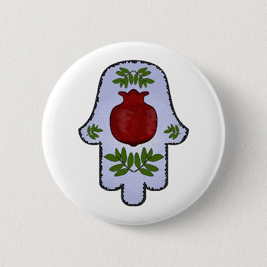 Hamsa, Granatapfel, hellblau, Buntglas Zazz Button (Vorderseite)