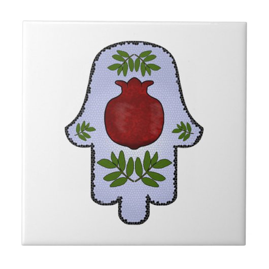 Hamsa, Granatapfel, hellblau, Buntglas Zazz Fliese (Vorderseite)