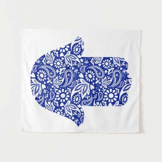 Hamsa Hand Bohemisch Blue White Tapestry Wandteppich (Vorderseite (Horizontal))