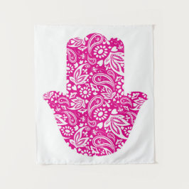 Hamsa Hand Boho Pink White Wandteppich