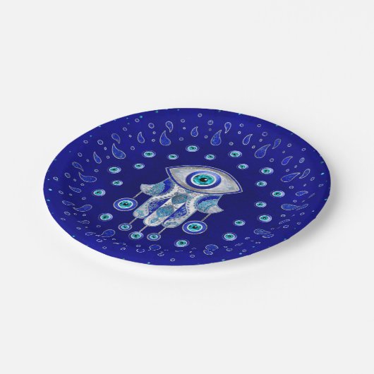 Hamsa Hand-Evil Eye Amulet Pappteller (Schrägansicht)