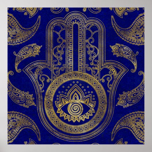 Hamsa Hand - Gold auf Lapis lazuli Poster (Vorne)