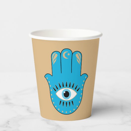 Hamsa Hand griechisches Evil Eye Blue Pappbecher (Rückseite)