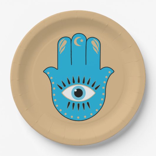Hamsa Hand griechisches Evil Eye Blue Pappteller (Vorderseite)
