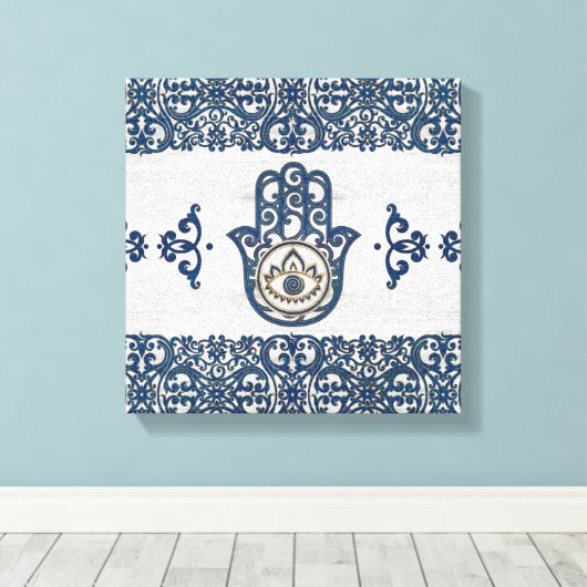 Hamsa Hand - Hand aus Fatima-blauem Holz Leinwanddruck (Insitu (Holzboden))