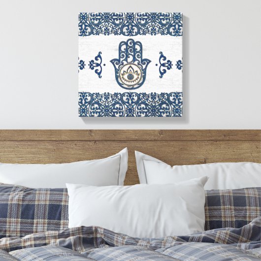 Hamsa Hand - Hand aus Fatima-blauem Holz Leinwanddruck (Insitu (Schlafzimmer))
