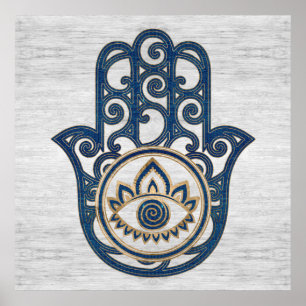 Hamsa Hand - Hand aus Fatima-blauem Holz Poster