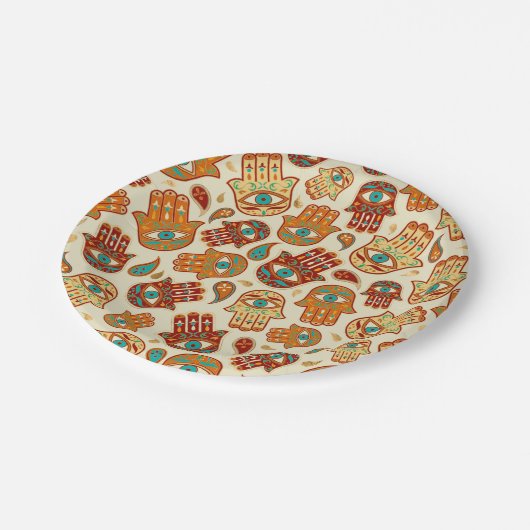 Hamsa Hand - Hand Fatima Aquamarin Terracotta Pappteller (Schrägansicht)