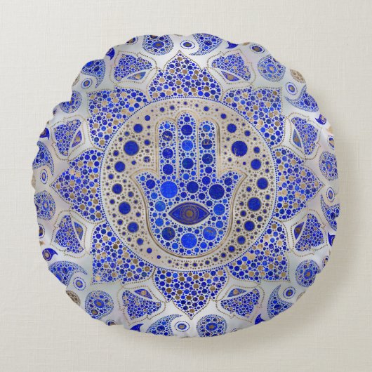 Hamsa Hand - Hand Fatima auf Mutter der Perle Rundes Kissen (Vorderseite)