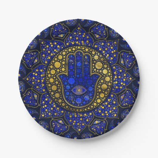 Hamsa Hand - Hand Fatima Dot Art Lapis Lazuli Pappteller (Vorderseite)