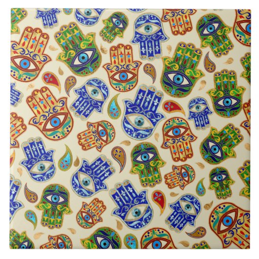 Hamsa Hand - Hand Fatima farbiges Muster Fliese (Vorderseite)