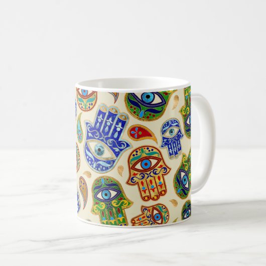 Hamsa Hand - Hand Fatima farbiges Muster Kaffeetasse (VorderseiteRechts)