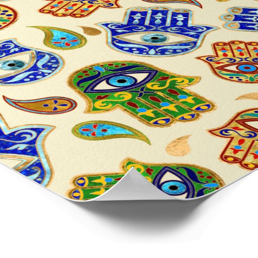 Hamsa Hand - Hand Fatima farbiges Muster Poster (Ecke)