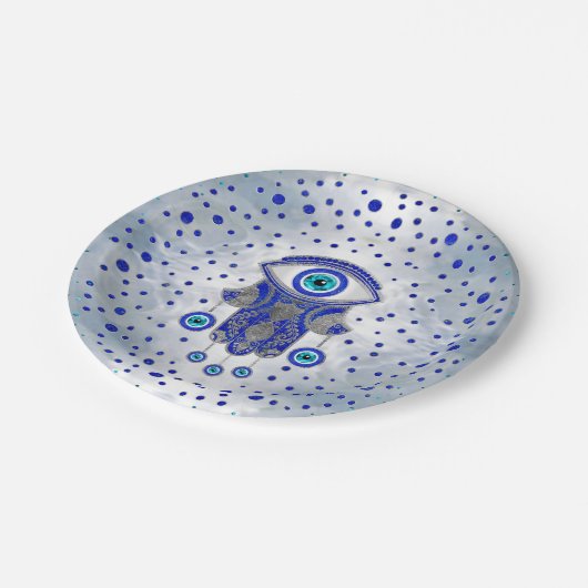 Hamsa Hand - Hand Fatima Lapis Lazuli und Silber Pappteller (Schrägansicht)