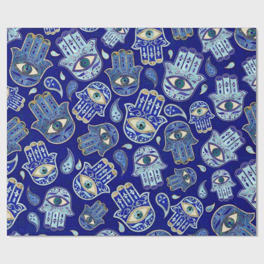 Hamsa Hand - Hand Fatima Muster Blaue Mineralien Geschenkpapier (Flach)