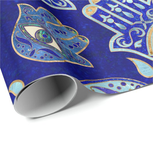 Hamsa Hand - Hand Fatima Muster Blaue Mineralien Geschenkpapier (Rolleneckpunkt)
