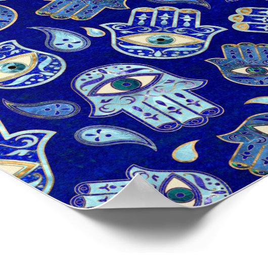 Hamsa Hand - Hand Fatima Muster Blaue Mineralien Poster (Ecke)
