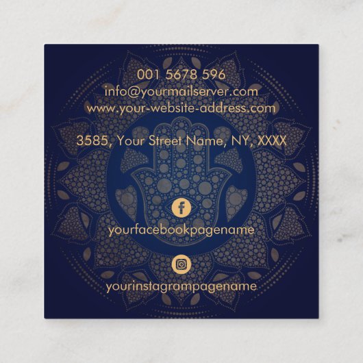 Hamsa Hand - Hand of Fatima in Lotus mandala Quadratische Visitenkarte (Rückseite)