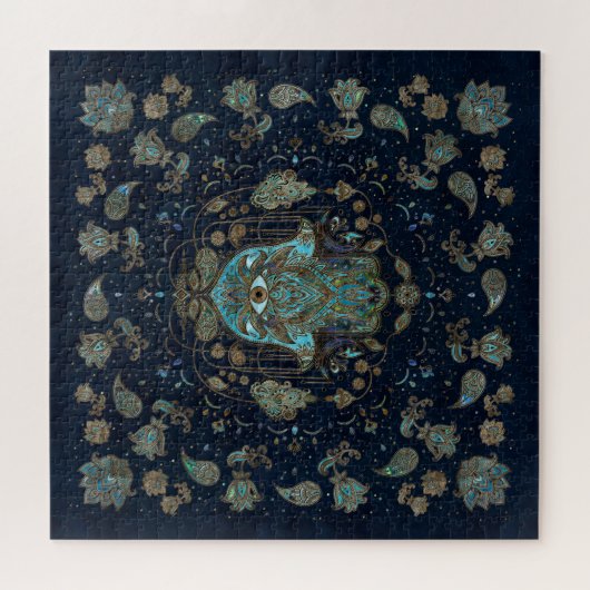 Hamsa Hand - Hand von Fatima Blue Gemstones Puzzle (Horizontal)
