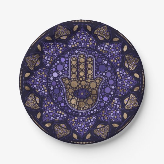 Hamsa Hand - Hand von Fatima in Lotus mandala Pappteller (Vorderseite)