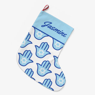 Hamsa Hand Jewish Star Blue Hanukkah Strumpf Großer Weihnachtsstrumpf