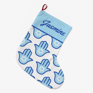 Hamsa Hand Jewish Star Blue Hanukkah Strumpf Großer Weihnachtsstrumpf